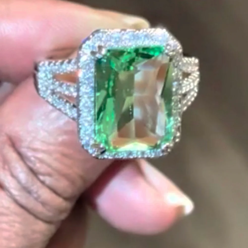 Women's Emerald Cut Green Peridot Halo Engagement Ring 14K White Gold Plated Sz9